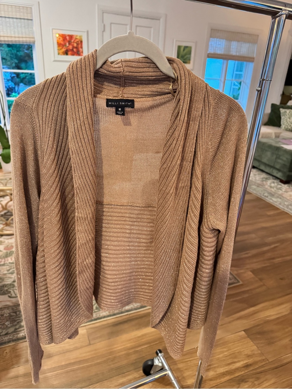 Willi Smith Shimmery Taupe Open-Front Ribbed Cardigan